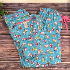 PILLOW TALK Charming Winter Cats Printed Pajama Set Blue with Pink Snow Accents